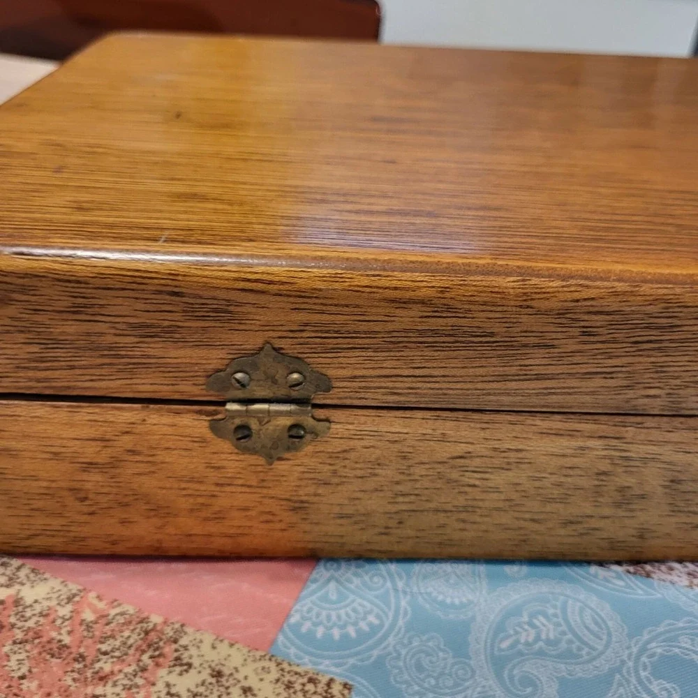 Vintage EMPTY Silverware Chest Wooden Case Blue Velvet Cream Satin Interior